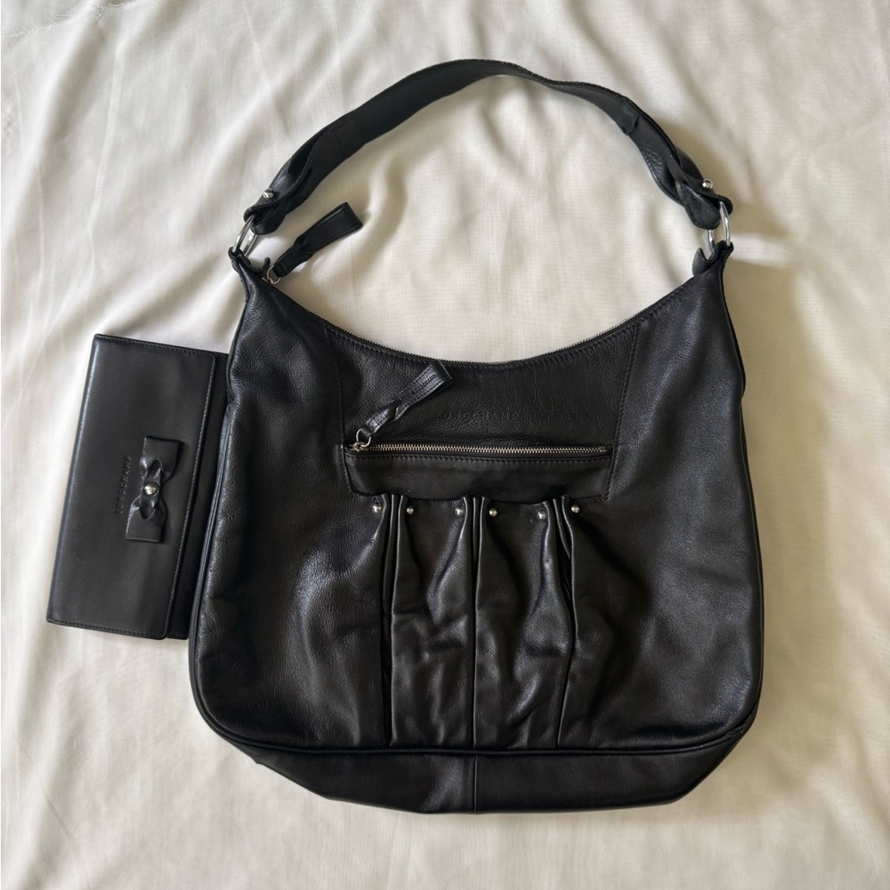 Loved Longchamp Black Vegan Leather Hobo Bag and Wallet